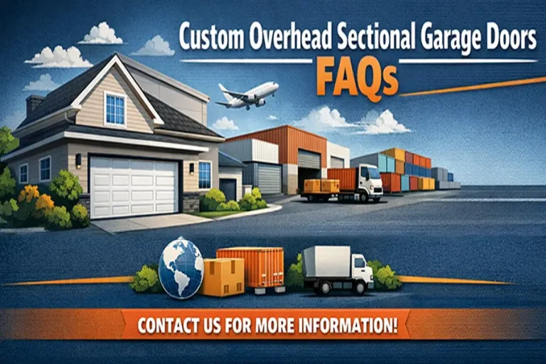 A banner for Custom Overhead Sectional Garage Doors FAQs featuring a residential house and an industrial warehouse, illustrating global logistics with trucks, planes, and shipping containers.