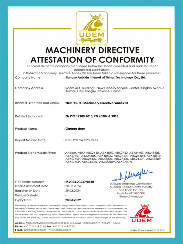 CE Certificate verifying ABX Doors compliance with EU safety standards for overhead garage doors.