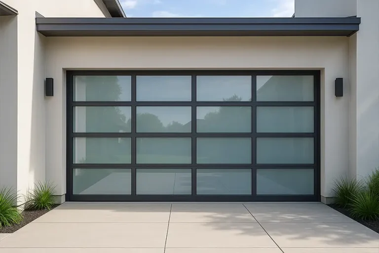 Modern frosted glass garage door with black aluminum frame for privacy and natural light.